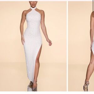 Oh Polly POSITANO Embellished High Neck Split Maxi Dress in Ivory